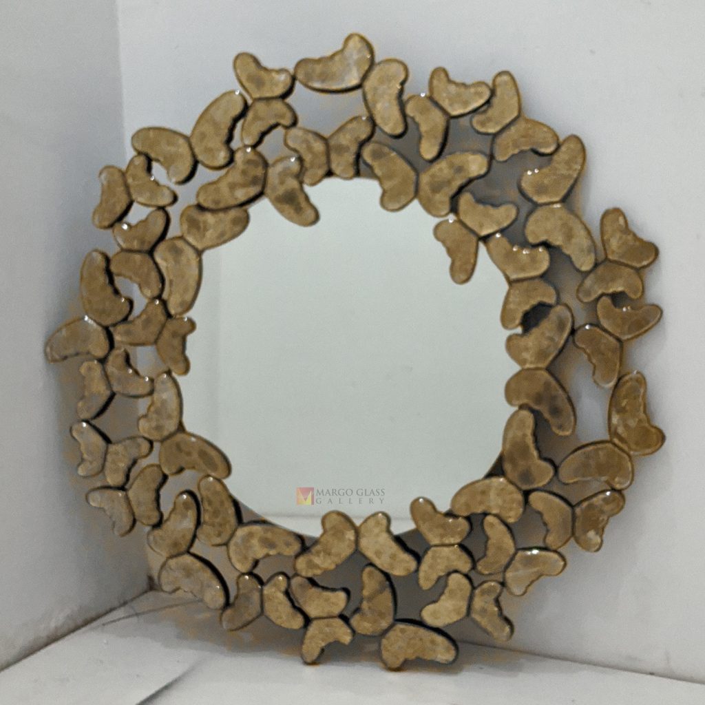 Verre Eglomise Butterfly Round Mirror Elegant Handmade Indonesia – Elegant eglomise mirror silver eglomise glass handcrafted in Indonesia