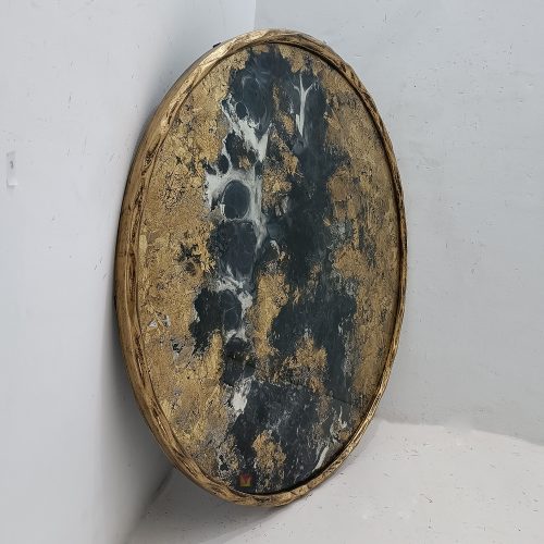 Round Eglomise Wall Mirror Decor Frame Metal Gold Artisan Handmade Indonesia – Luxury eglomise mirror silver eglomise glass handcrafted in Indonesia