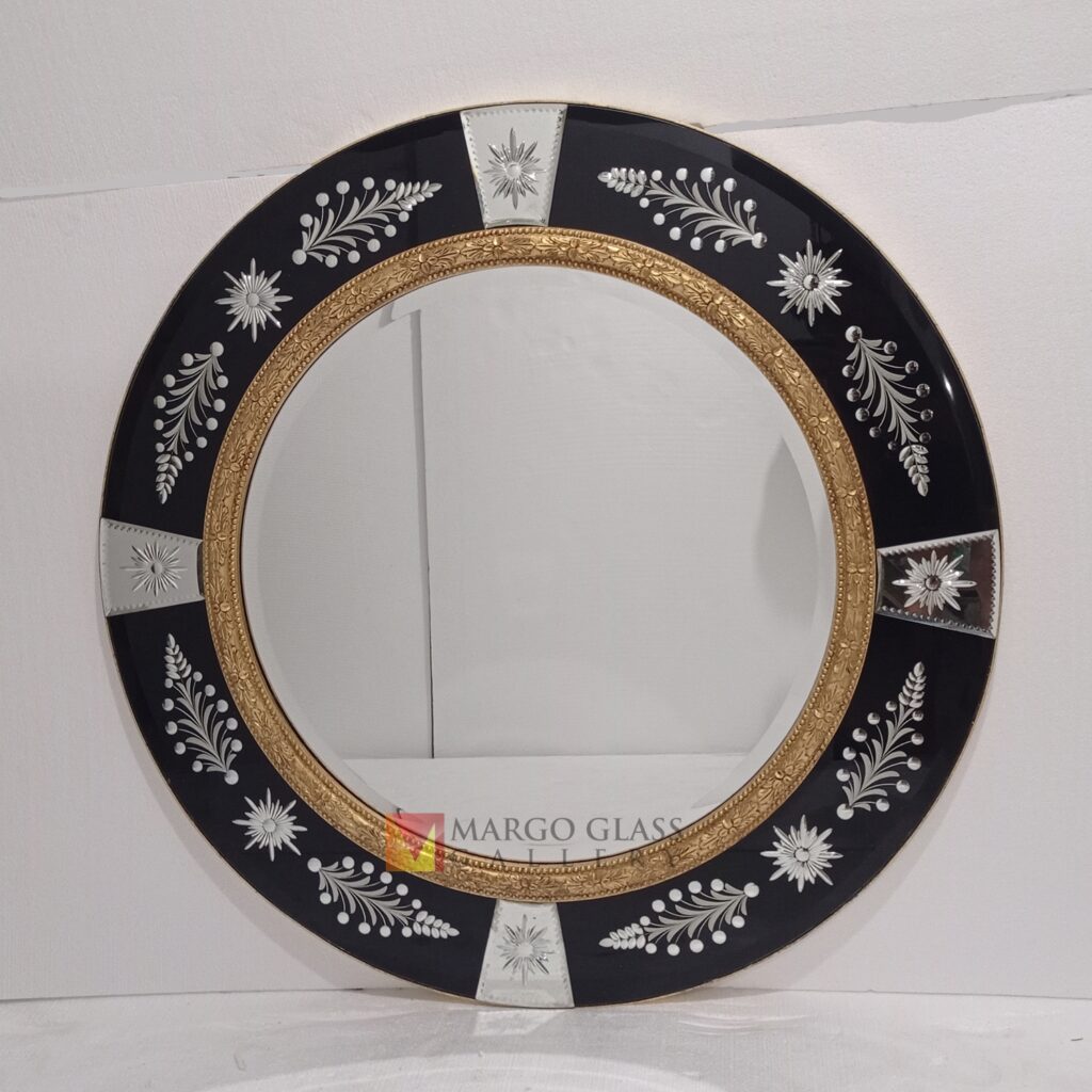 MG 013085 Round Black Mirror LUXURY 108x108cm with carved wood gold leaf – Classic decorative mirror mirror premium quality glass with ornate frame handcrafted in Indonesia