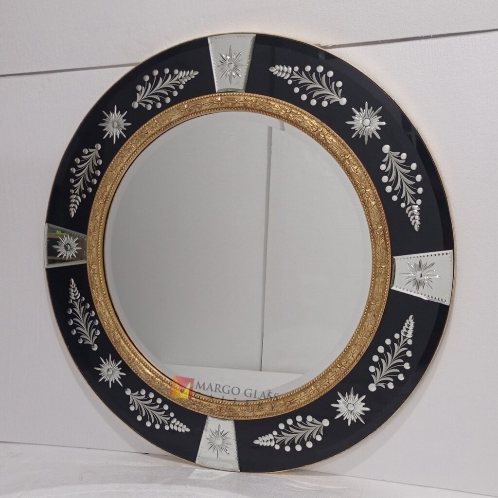 MG 013085 Round Black Mirror LUXURY 108x108cm with carved wood gold leaf – Handcrafted decorative mirror mirror premium quality glass with ornate frame handcrafted in Indonesia
