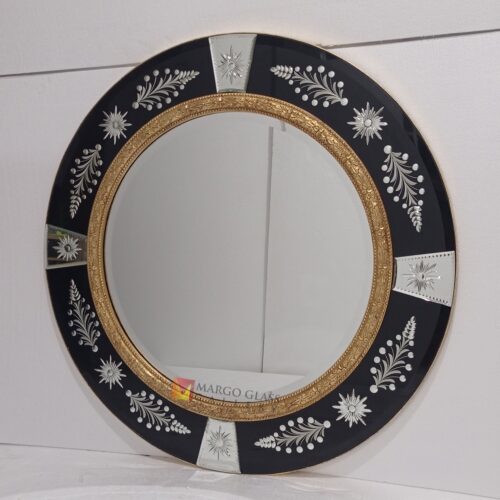 MG 013085 Round Black Mirror LUXURY 108x108cm with carved wood gold leaf – Handcrafted decorative mirror mirror premium quality glass with ornate frame handcrafted in Indonesia