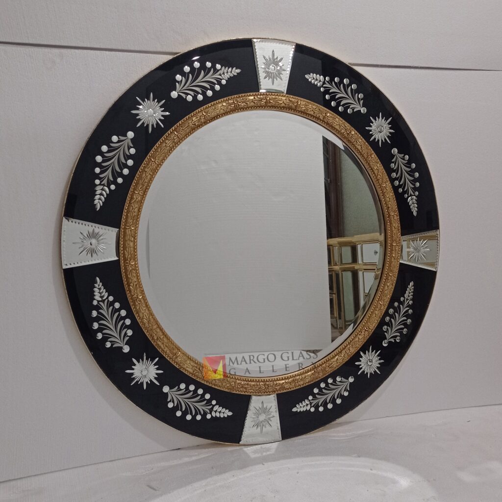 MG 013085 Round Black Mirror LUXURY 108x108cm with carved wood gold leaf – Luxury decorative mirror mirror premium quality glass with ornate frame handcrafted in Indonesia