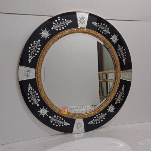 MG 013085 Round Black Mirror LUXURY 108x108cm with carved wood gold leaf – Luxury decorative mirror mirror premium quality glass with ornate frame handcrafted in Indonesia