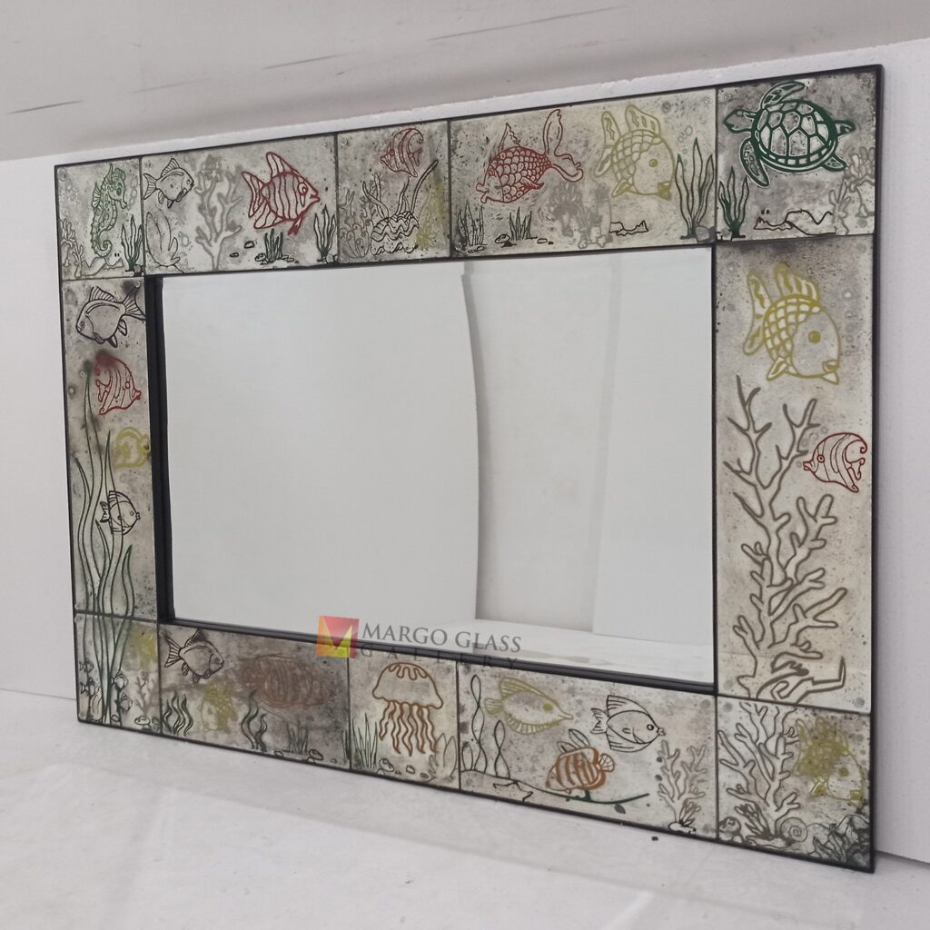 MG 014536 Rectangle fish antique mirror uk 140 cm x 100 cm Handcrafted Handmade Indonesia – Premium antique mirror antique glass with gold frame handcrafted in Indonesia