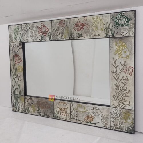 MG 014536 Rectangle fish antique mirror uk 140 cm x 100 cm Handcrafted Handmade Indonesia – Premium antique mirror antique glass with gold frame handcrafted in Indonesia