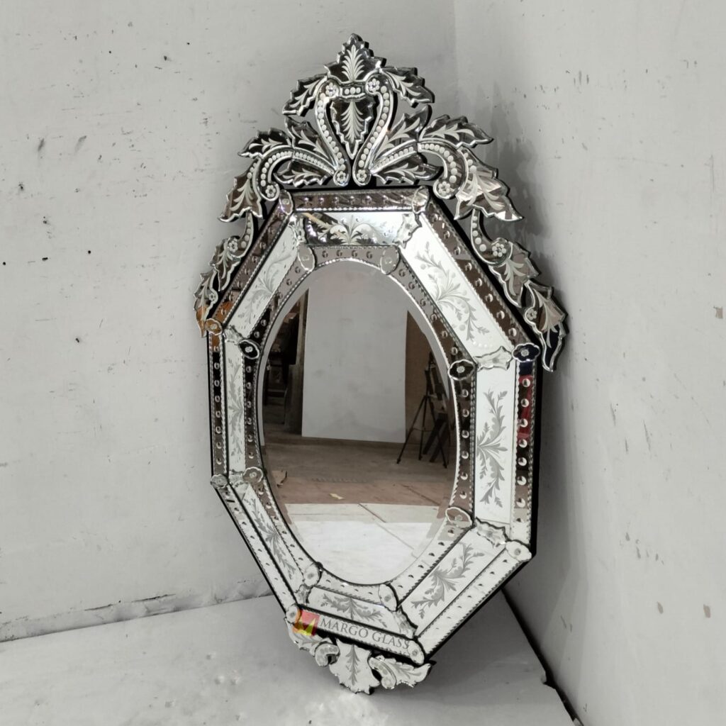 MG 080134 Venetian Mirror Octagonal 145 x 90 cm Artisan Handmade Indonesia – Artisan venetian mirror hand-etched glass with ornate frame handcrafted in Indonesia