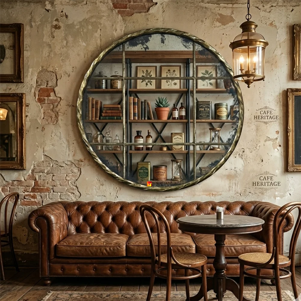 Round Antique Mirror, A Stunning Vintage Accent for Beautiful Heritage Cafés Antique Round Mirror Beaded MG 014495